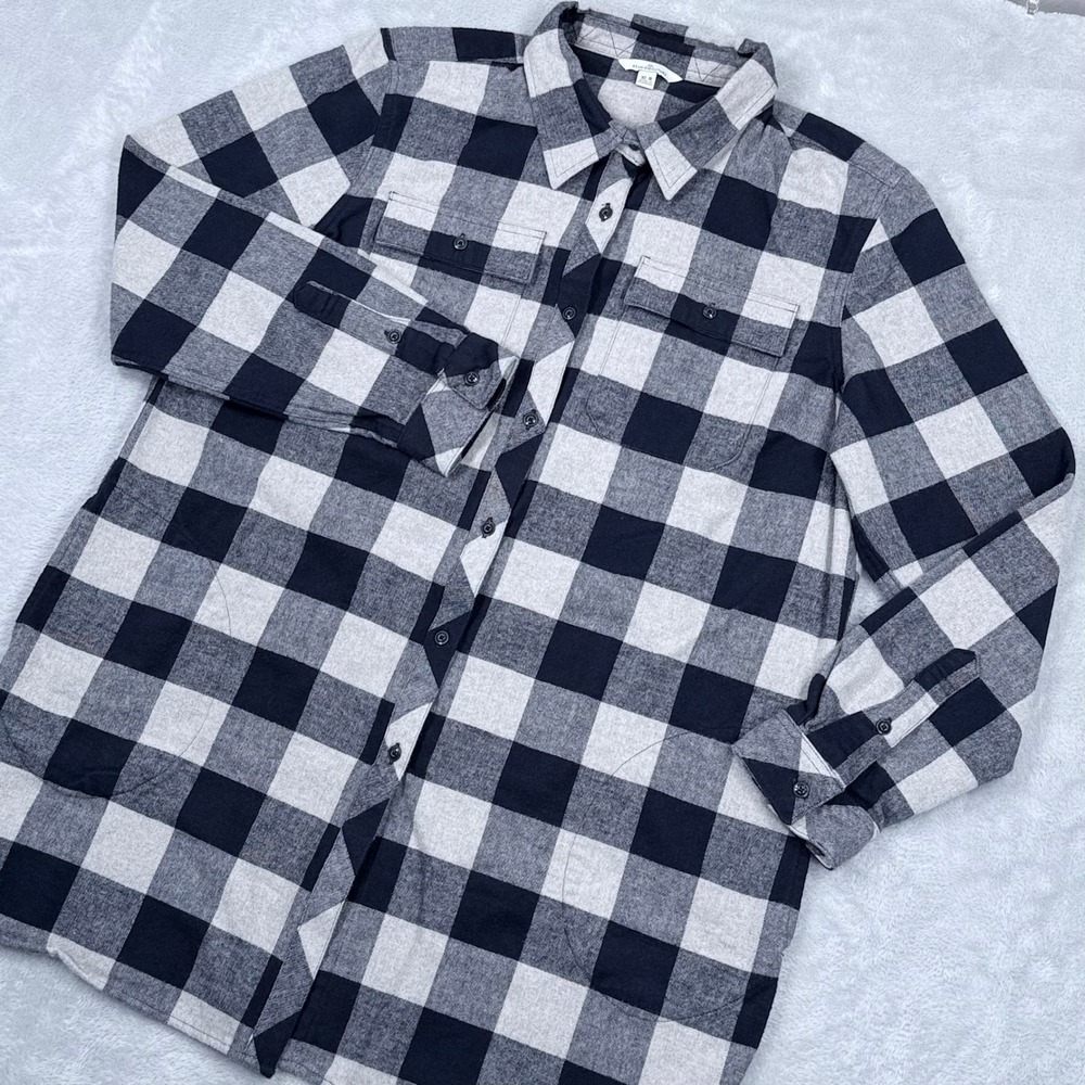 LL Bean Signature Chamois Tunic Womens XL Navy Blue Buffalo Plaid Flannel Pocket